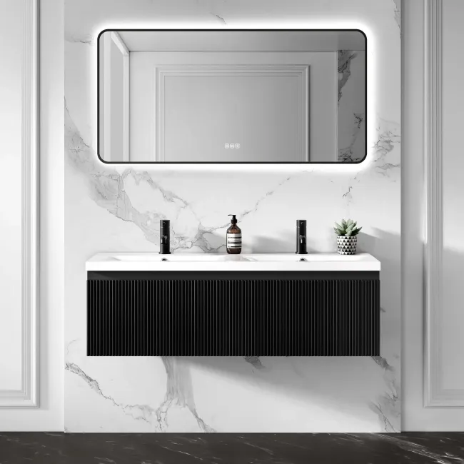 Malta Fluted Matt Black Wall Hung Double Basin Drawer Vanity 1200mm