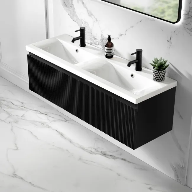 Malta Fluted Matt Black Wall Hung Double Basin Drawer Vanity 1200mm