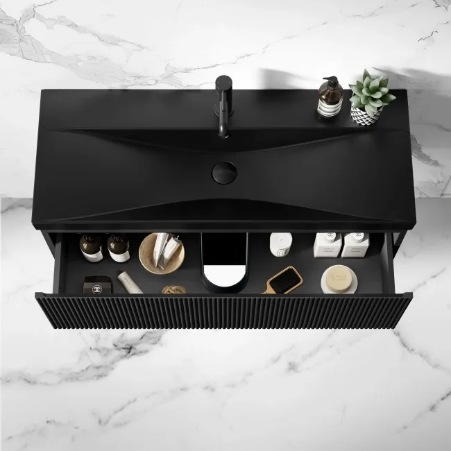 Malta Fluted Matt Black Wall Hung Drawer Vanity with Matt Black Basin 1000mm