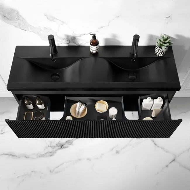 Malta Fluted Matt Black Wall Hung Drawer Vanity with Matt Black Double Basin 1200mm