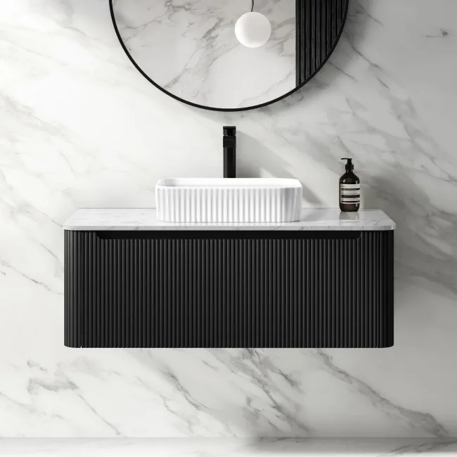 Sorrento Fluted Matt Black Wall Hung Drawer Vanity with Marble Top & Reno Basin 1000mm