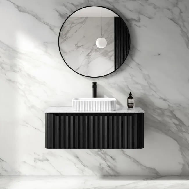 Sorrento Fluted Matt Black Wall Hung Drawer Vanity with Marble Top & Reno Basin 1000mm