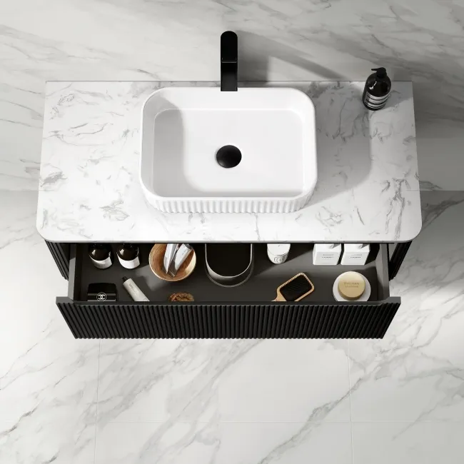 Sorrento Fluted Matt Black Wall Hung Drawer Vanity with Marble Top & Reno Basin 1000mm