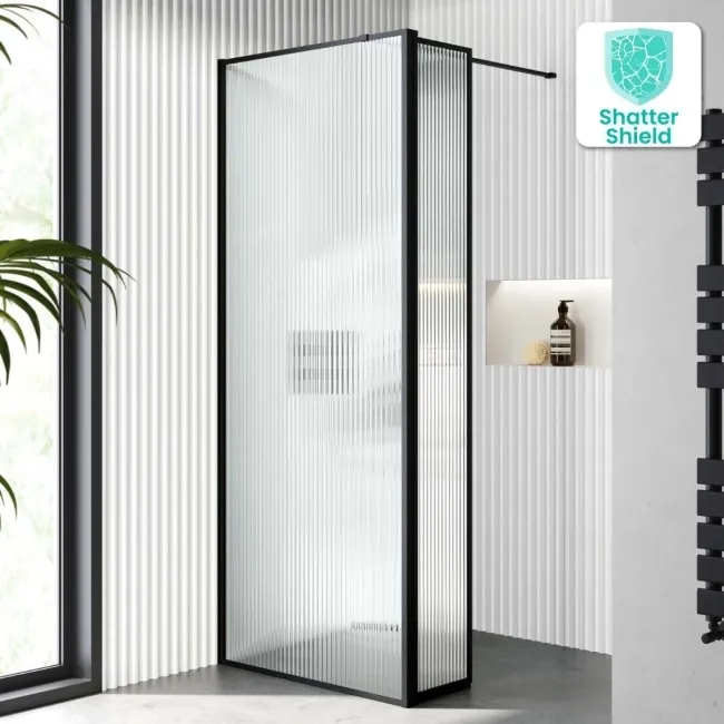 Munich Fluted Effect Matt Black Framed 8mm Wet Room Shower Glass 800mm & 250mm Pivotal Return Panel