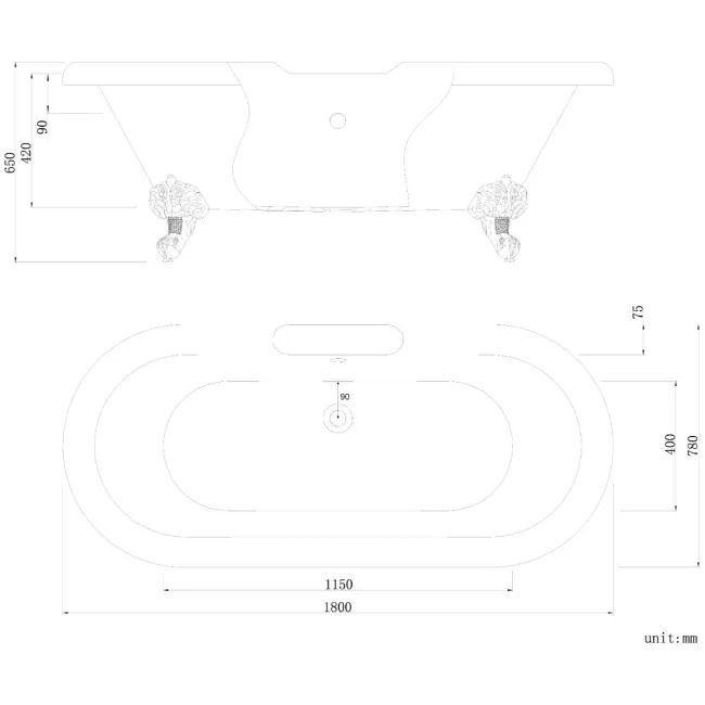 Grosvenor 1800mm Roll Top Bath - Chrome Ball Feet