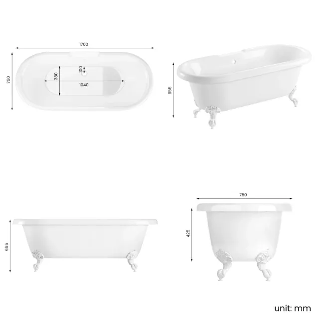 Grosvenor 1700mm Roll Top Bath - White Ball Feet
