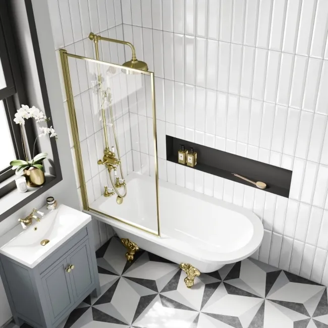 Abingdon 1500 Roll Top Shower Bath - Brushed Brass Ball Feet & 6mm Easy Clean Brushed Brass Bath Screen