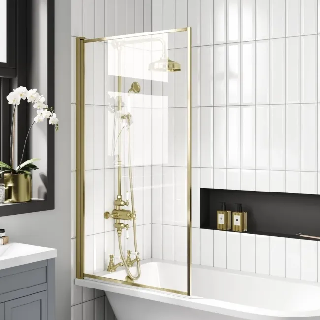 Abingdon 1500 Roll Top Shower Bath - Brushed Brass Ball Feet & 6mm Easy Clean Brushed Brass Bath Screen