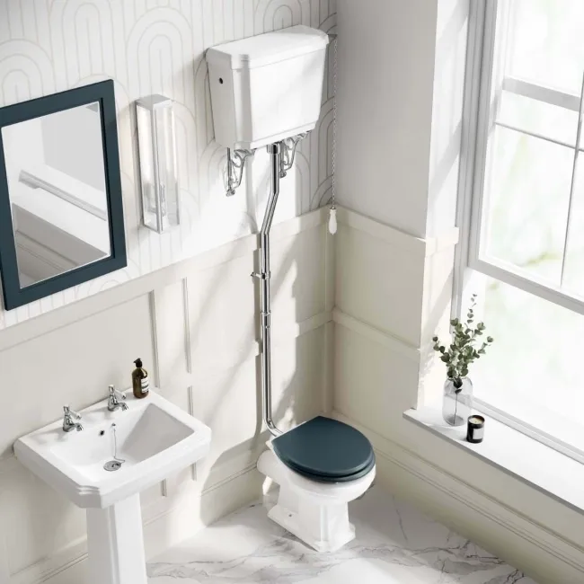 Hudson Traditional High-Level Toilet With Inky Blue Seat & Pedestal Basin - Double Tap Hole