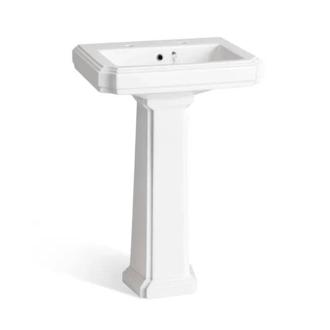 Hudson Traditional High-Level Toilet With Inky Blue Seat & Pedestal Basin - Double Tap Hole
