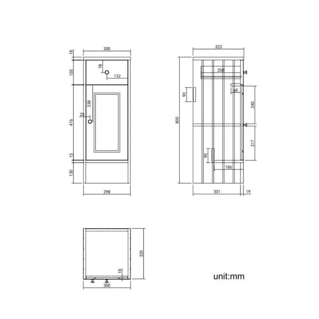 Monaco Chalk White Side Cabinet Unit 300mm - Brushed Brass Accents