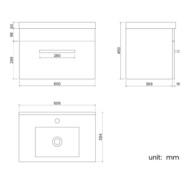 Avon Stone Grey Wall Hung Basin Drawer Vanity 600mm