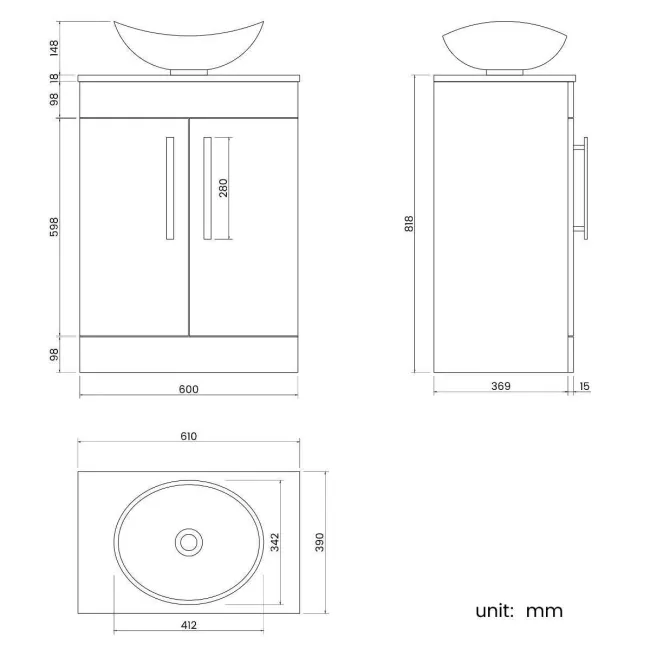 Avon Stone Grey Vanity with Oval Counter Top Basin 600mm