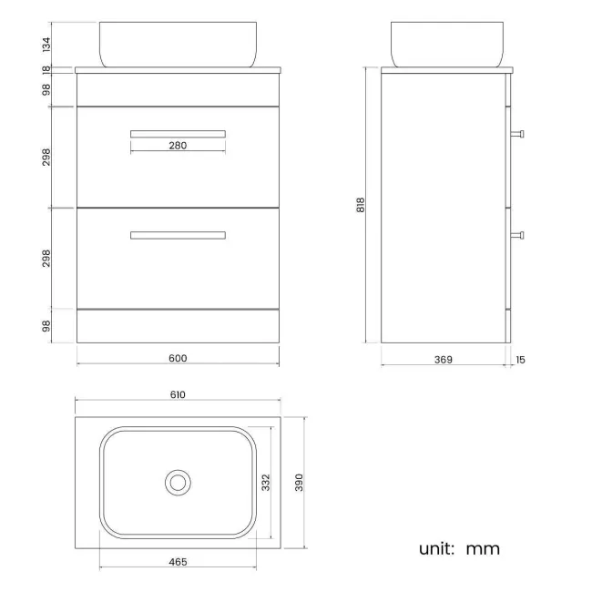 Avon Stone Grey Vanity Drawer with Curved Counter Top Basin 600mm