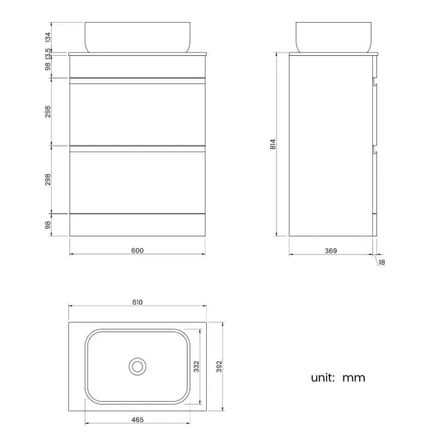 Trent Gloss White Vanity Drawer with Marble Top & Curved Counter Top Basin 600mm