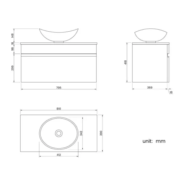 Trent Gloss White Wall Hung Drawer Vanity with Oval Counter Top Basin 800mm