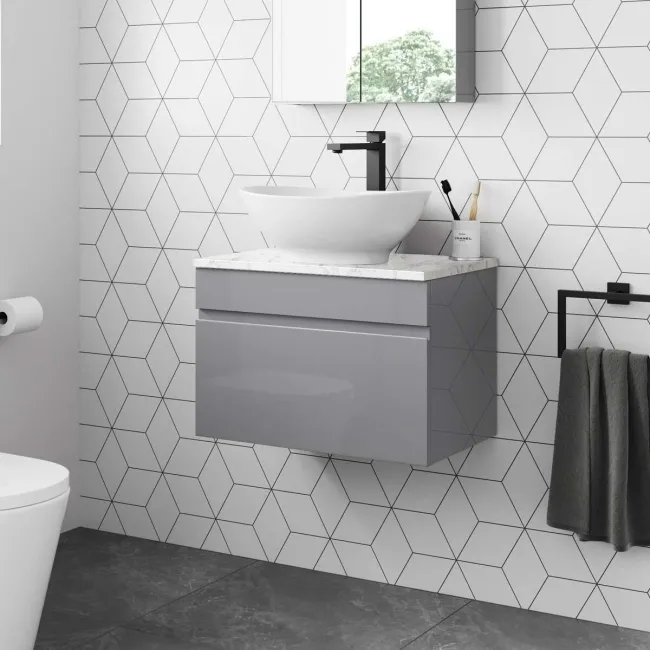 Trent Stone Grey Wall Hung Drawer Vanity with Marble Top & Oval Counter Top Basin 600mm