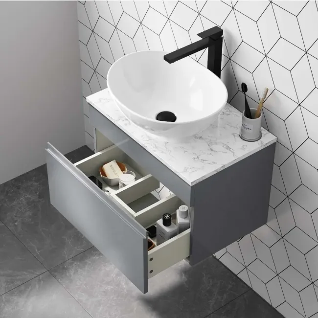 Trent Stone Grey Wall Hung Drawer Vanity with Marble Top & Oval Counter Top Basin 600mm