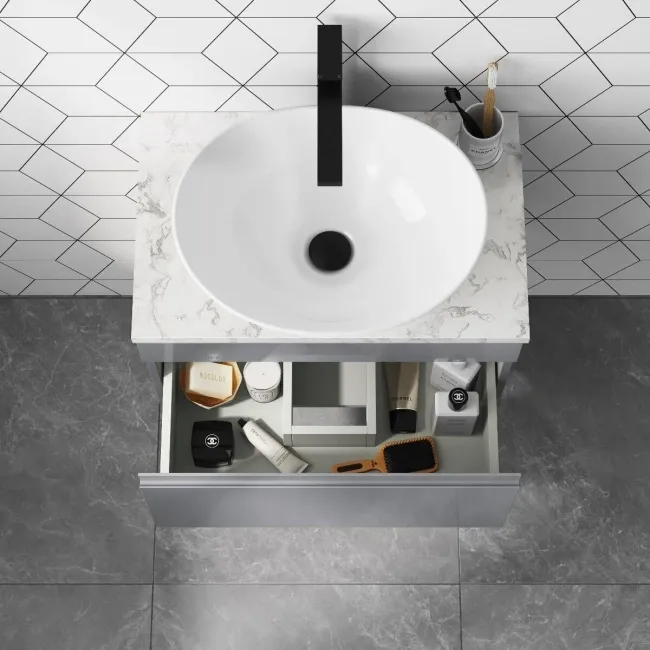 Trent Stone Grey Wall Hung Drawer Vanity with Marble Top & Oval Counter Top Basin 600mm