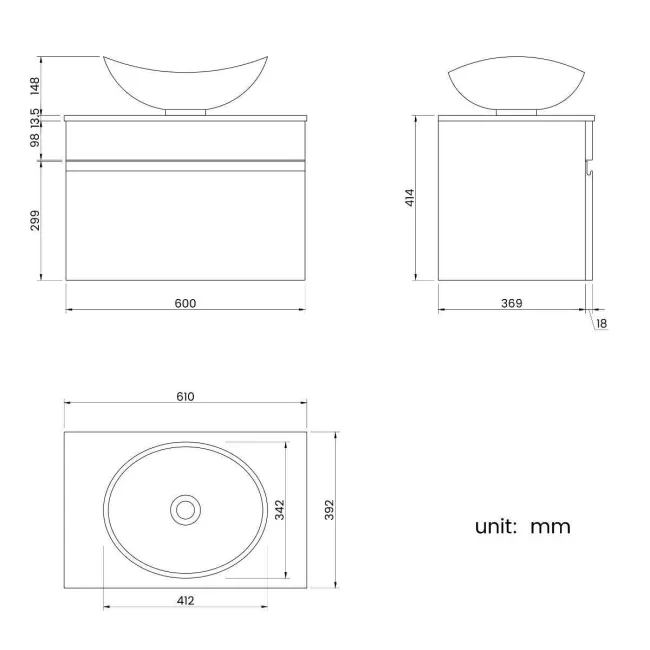 Trent Stone Grey Wall Hung Drawer Vanity with Marble Top & Oval Counter Top Basin 600mm
