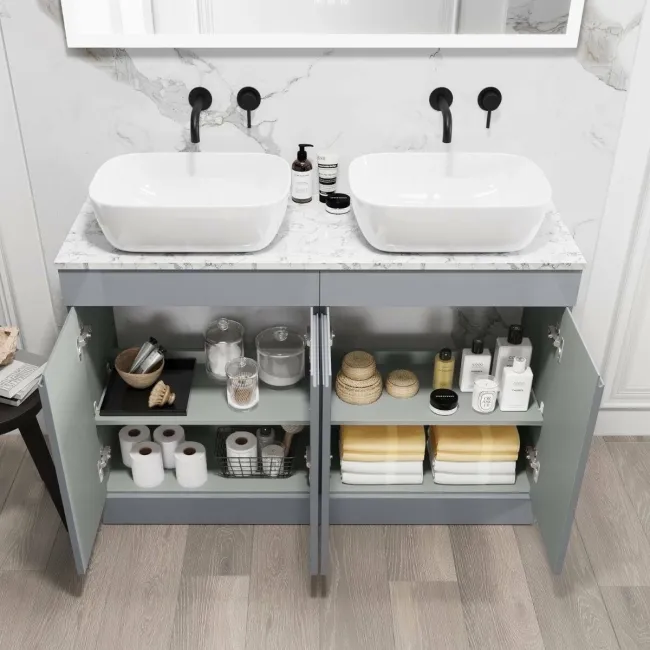 Trent Stone Grey Double Vanity with Marble Top & Curved Counter Top Basin 1200mm