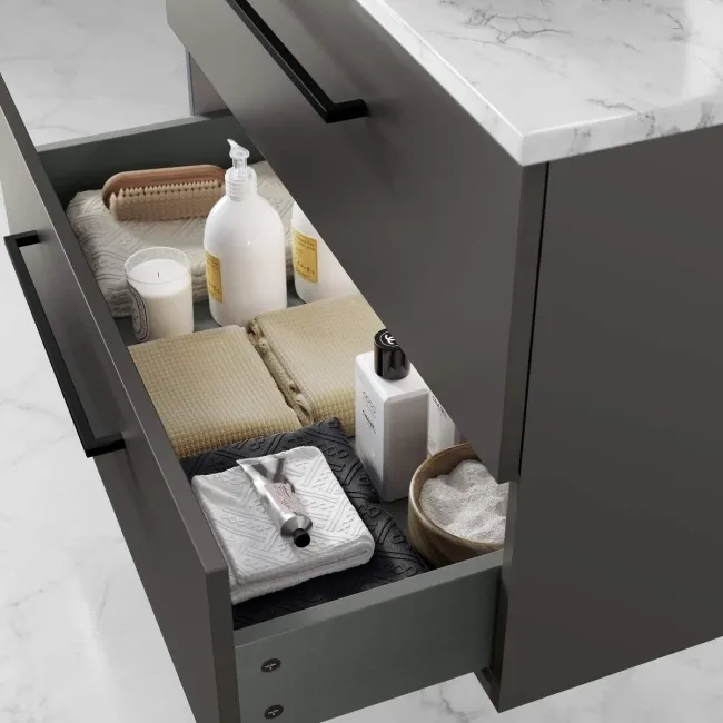 Elba Graphite Grey Wall Hung Drawer Vanity with Marble Top & Oval Counter Top Basin 800mm - Black Accents