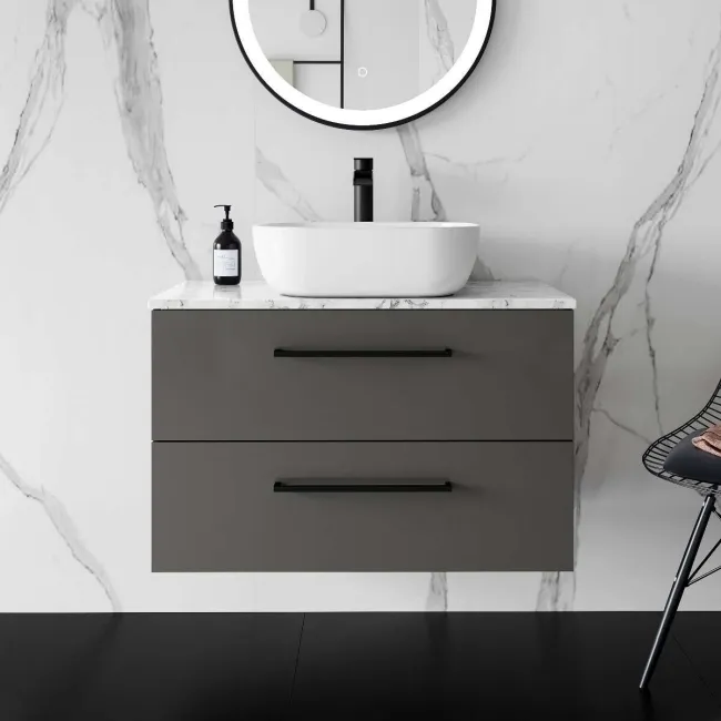 Elba Graphite Grey Wall Hung Drawer Vanity with Marble Top & Curved Counter Top Basin 800mm - Black Accents