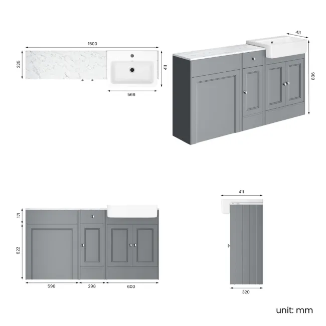 Monaco Dove Grey Combination Vanity Basin with Marble Top 1500mm (Excludes Pan & Cistern)