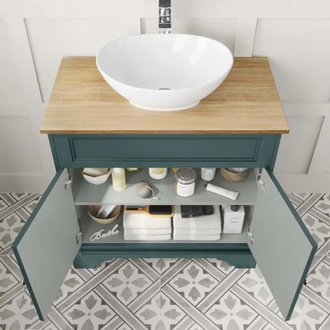 Lucia Midnight Green Vanity with Oak Effect Top & Oval Counter Top Basin 840mm