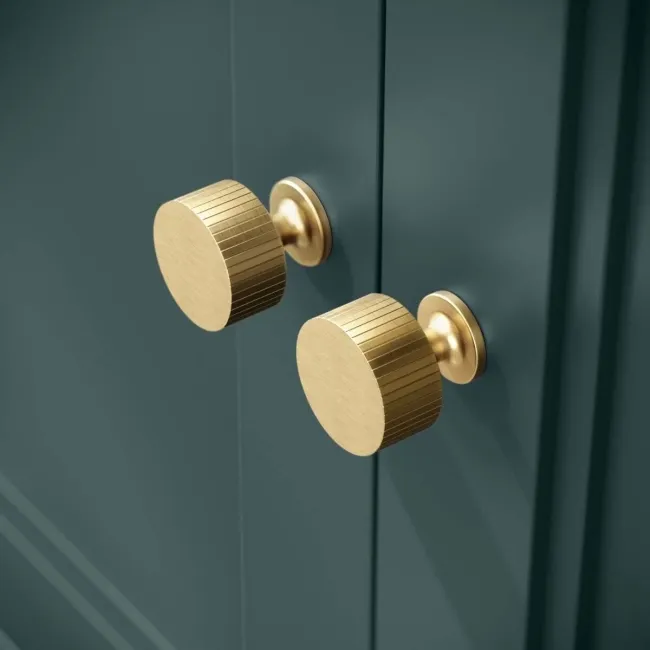 Lucia Midnight Green Vanity with Oak Effect Top & Curved Counter Top Basin 840mm - Brushed Brass Accents