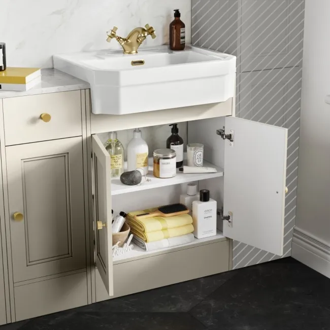 Monaco Chalk White Combination Vanity Traditional Basin with Marble Top and Seattle Toilet 1500mm - Brushed Brass Accents