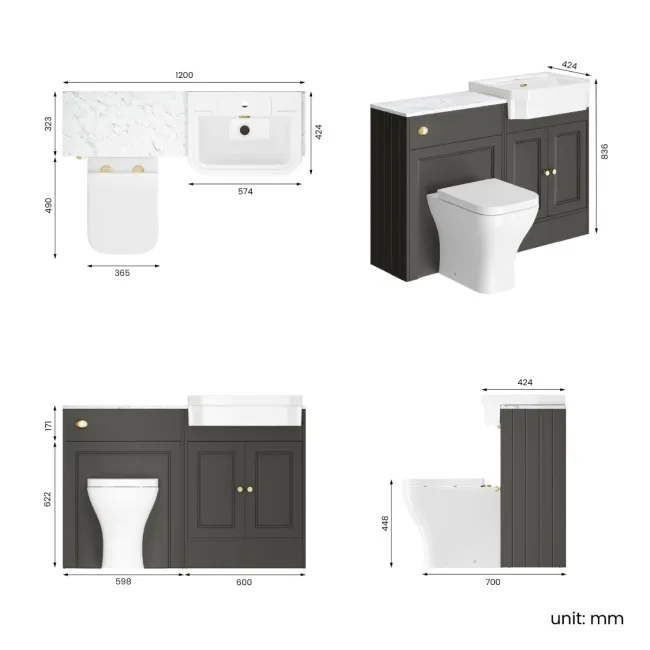 Monaco Graphite Grey Combination Vanity Traditional Basin with Marble Top & Atlanta Toilet 1200mm - Brushed Brass Accents