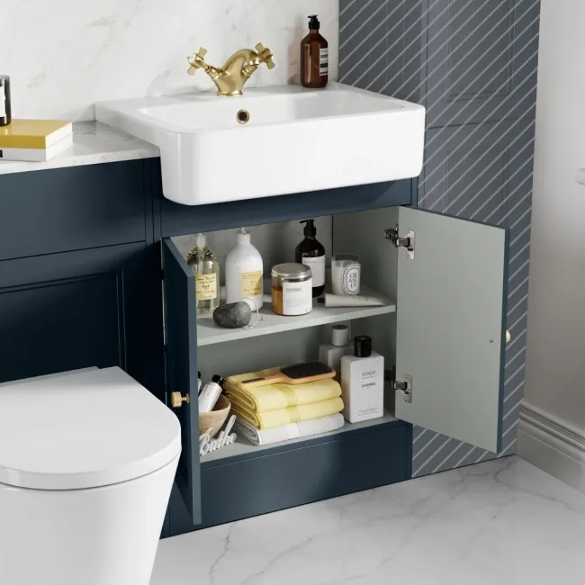Monaco Inky Blue Combination Vanity Basin with Marble Top & Boston Toilet 1200mm - Brushed Brass Accents