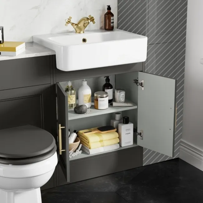 Monaco Graphite Grey Combination Vanity Basin with Marble Top & Hudson Toilet with Wooden Seat 1200mm - Brass Knurled Handles