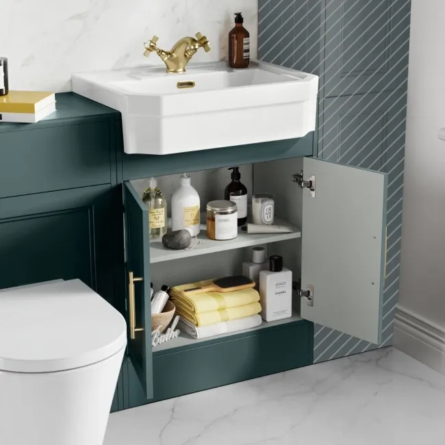 Monaco Midnight Green Combination Vanity Traditional Basin and Boston Toilet 1200mm - Brass Knurled Handles