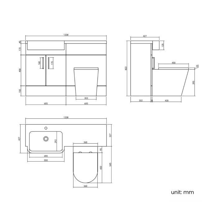 Harper Stone Grey Combination Vanity Basin and Boston Toilet 1200mm - Brushed Brass Accents - Left Handed