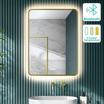 Mila Brushed Brass Backlit Illuminated LED Mirror With BLUETOOTH Speaker 800x600mm