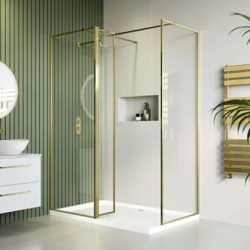 Munich Brushed Brass Framed 8mm Walk In Shower Enclosure 700mm & 800mm Glass with Return Panel