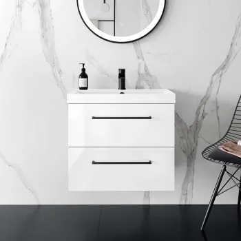 Elba Gloss White Wall Hung Basin Drawer Vanity 600mm - Black Accents