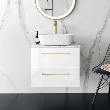 Elba Gloss White Wall Hung Drawer Vanity with Marble Top & Curved Counter Top Basin 600mm - Brushed Brass Accents