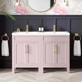 Bermuda Cashmere Pink Double Basin Vanity 1200mm - Brass Knurled Handles