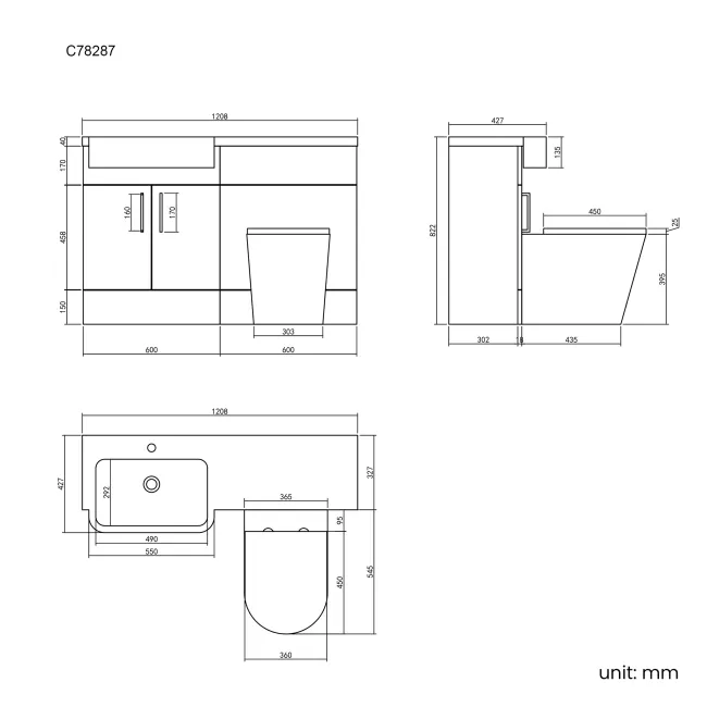 Harper Charcoal Elm Combination Vanity Basin and Boston Toilet 1200mm - Left Handed