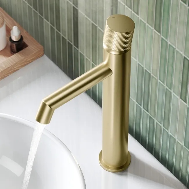 Ennis Brushed Brass High Rise Basin Mixer Tap with Knurled Detailing