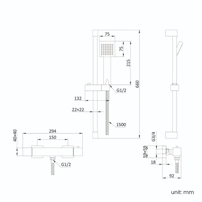 Cork Chrome Square Thermostatic Bar Shower Set