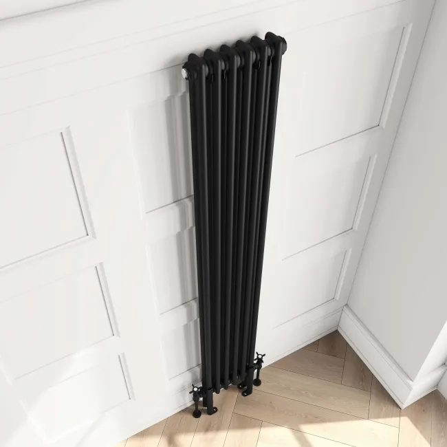 Athens Matt Black Double Column Vertical Traditional Radiator 1800x290mm