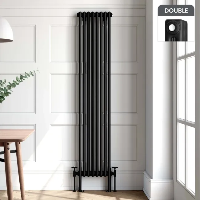 Athens Matt Black Double Column Vertical Traditional Radiator 1800x380mm