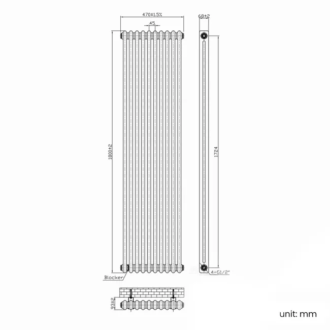 Athens Inky Blue Double Column Vertical Traditional Radiator 1800x470mm