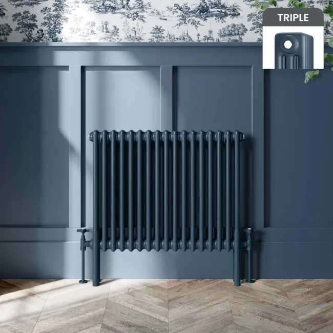 Athens Inky Blue Triple Column Horizontal Traditional Radiator 600x785mm