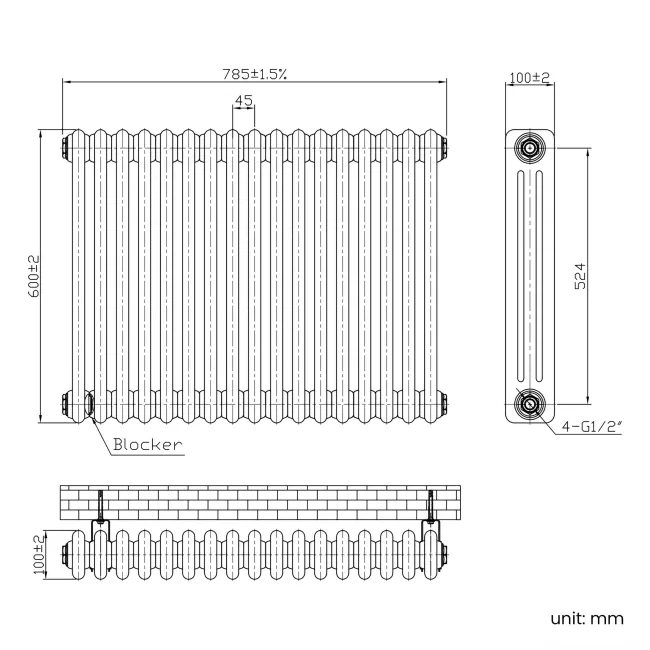 Athens Inky Blue Triple Column Horizontal Traditional Radiator 600x785mm