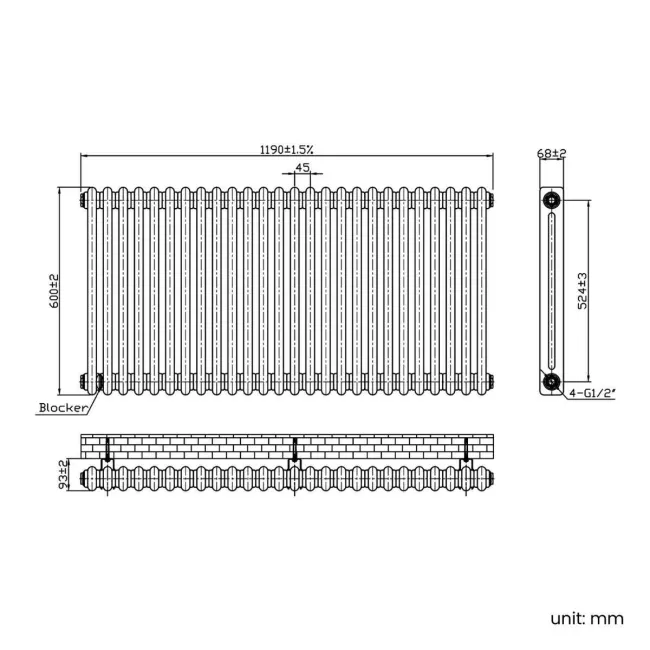 Athens Antique Gold Double Column Horizontal Traditional Radiator 600x1190mm